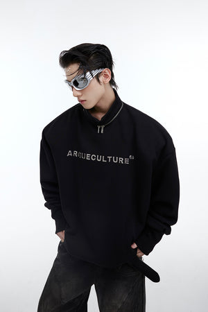 Metal-Zip-Stand-Collar-Fleece-Hoodie---Padded-Shoulder-Design-Black
