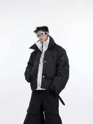 Metallic-Button-Faux-Two-Layer-Puffer-Jacket---Glossy-Streetwear-Coat-Black