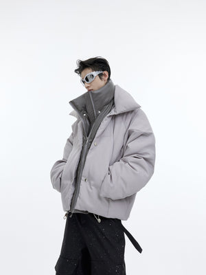 Metallic-Button-Faux-Two-Layer-Puffer-Jacket---Glossy-Streetwear-Coat-Gray