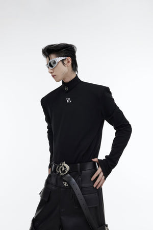 Metallic-Logo-High-Neck-Slim-Fit-Long-Sleeve-Shirt-Black