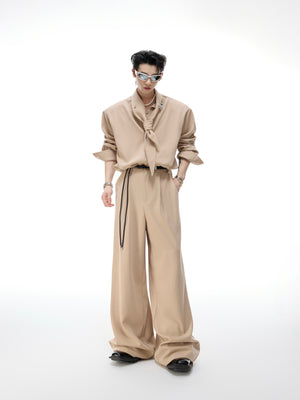 Ribbon-Collar Shirt and Wide-Leg Pants Set - product image 1