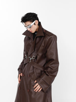 Layered PU Long Trench Coat - product image 3