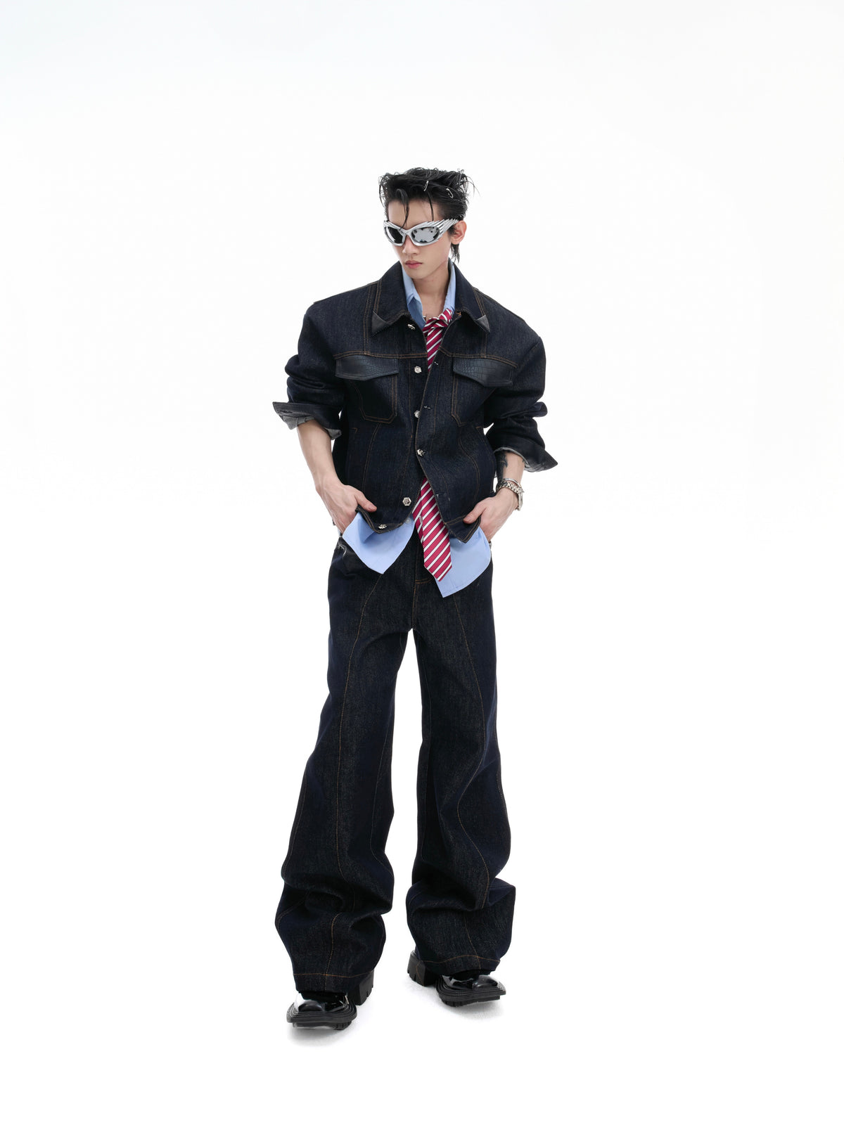Indigo Denim Leather-Panel Suit - product image 2