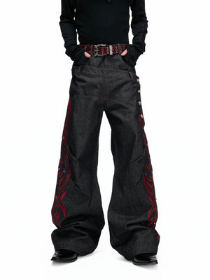 Black Red Dual-Waist Raw Denim Jeans - product image 1