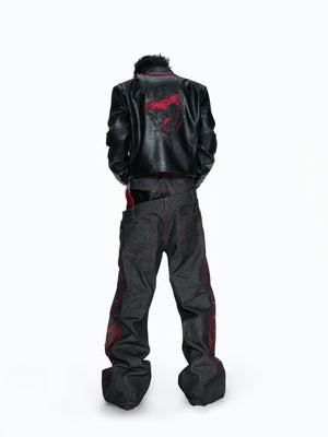 Black Red Dual-Waist Raw Denim Jeans - product image 2