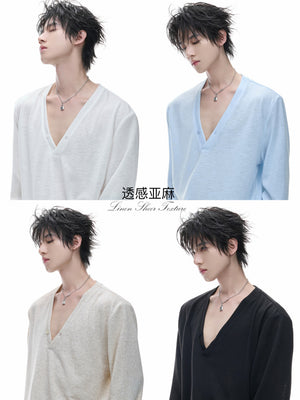 Deep V-Neck Linen-Blend Long-Sleeve Tee - product image 1