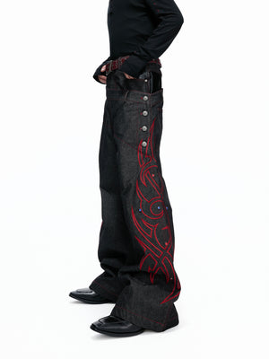 Black Red Dual-Waist Raw Denim Jeans - product image 5