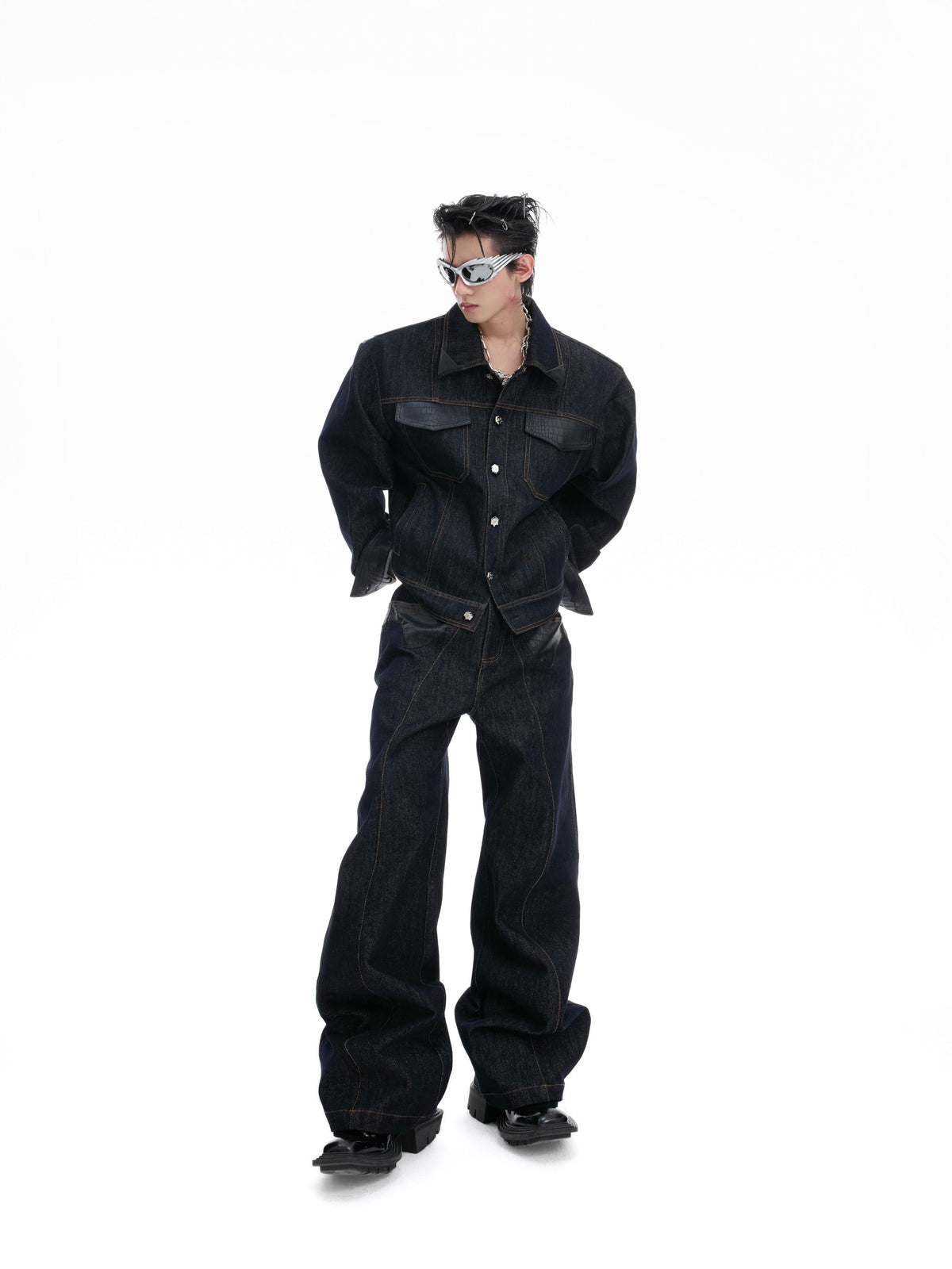 Indigo Denim Leather-Panel Suit - product image 1