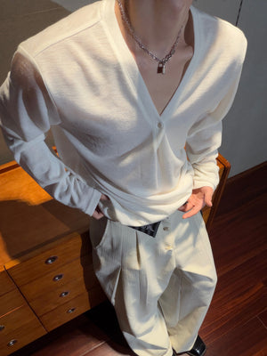 Deep V-Neck Linen-Blend Long-Sleeve Tee - product image 5