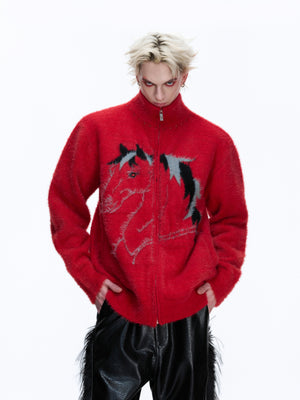 Asymmetric Horse-Embroidered Zip Cardigan - product image 2