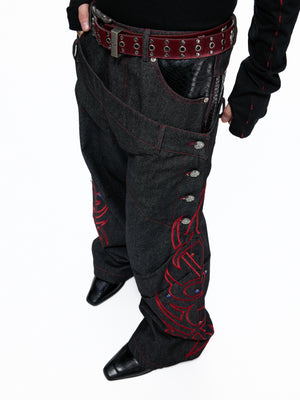 Black Red Dual-Waist Raw Denim Jeans - product image 3