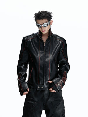 Contrast Stitch Lace-Up Faux Leather Biker Jacket - product image 2