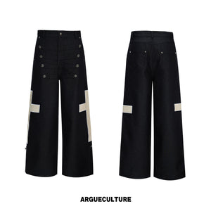 Black wide-leg jeans with button rows and cross patches, front and back views