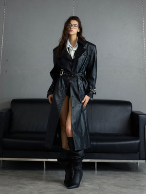 Crocodile-Texture Wide-Shoulder Trench Coat - product image 2