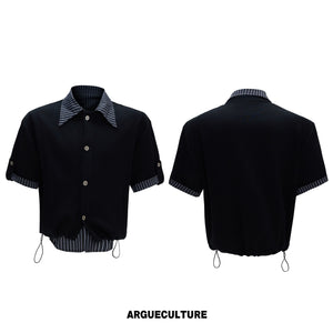 Black short-sleeve top with striped collar and cuffs, front and back views