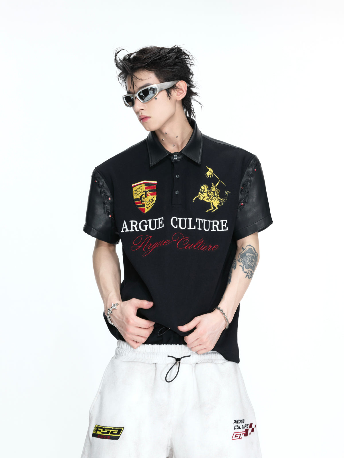 Embroidered Faux-Leather Panel Polo - product image 0