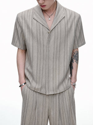 Khaki Striped Cuban Collar Shirt & Trousers - product image 3