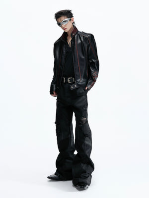 Contrast Stitch Lace-Up Faux Leather Biker Jacket - product image 4