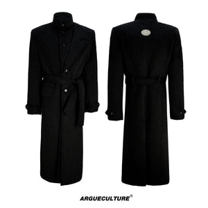 Black belted long coat, front and back views