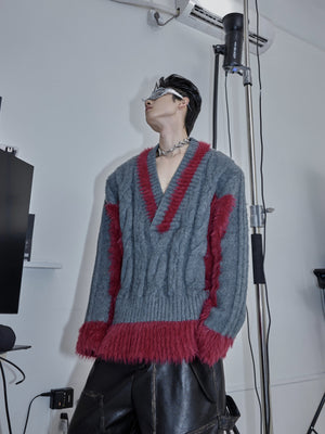 Oversized-V-Neck-Knit-Sweater---Color-Block-Fleece-Trim-Streetwear-Gray