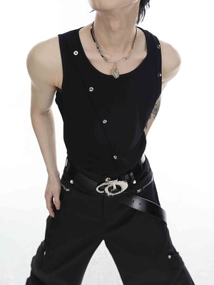 Snake-Print-Ribbed-Knit-Vest---Metallic-Asymmetrical-Buttons-Black