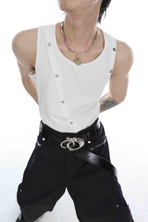 Snake-Print-Ribbed-Knit-Vest---Metallic-Asymmetrical-Buttons-White