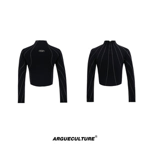 Streetwear-Cropped-Long-Sleeve-T-Shirt---Metallic-Trim-Mock-Neck-Top-Black