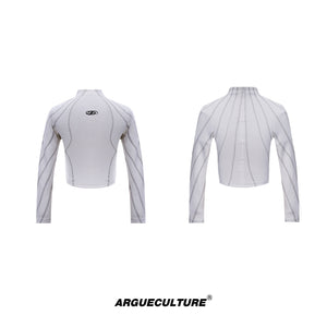 Streetwear-Cropped-Long-Sleeve-T-Shirt---Metallic-Trim-Mock-Neck-Top-White
