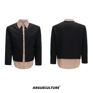 Streetwear-Striped-Shirt-with-Metal-Studs---Slim-Fit-Layered-Top-Black-shirt