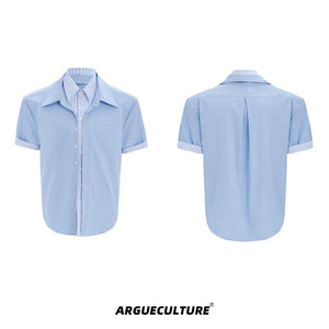 Striped-Color-Block-Shirt---Layered-Streetwear-Top-Blue-Short-Sleeve