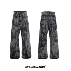 Vintage-Splatter-Distressed-Straight-Flare-Jeans-with-PU-Leather-Patch-Brown-Bottoms