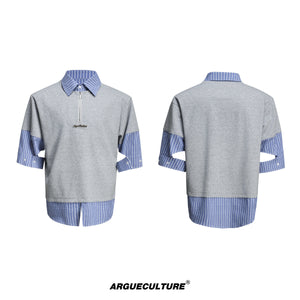 Vintage-Stripe-Shirt-Tee---Loose-Fit-Long-Sleeve-Top-Gray-(Short Sleeves)