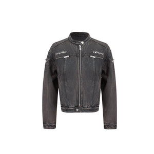 Vintage-Washed-Waxed-Denim-Jacket---Quilted-Short-Coat-with-Metal-Details-Brown-Shirt