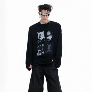 Black long sleeve streetwear tee with white ink gothic graphic print