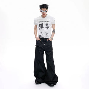 Model wearing the loose fit artistic long sleeve tee in a city setting