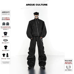 Men's asymmetric techwear jacket in black with metal zipper details.