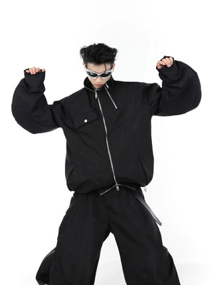 Full techwear set with pleated cargo pants and futuristic windbreaker.