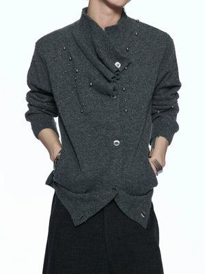 Asymmetric Twisted Collar Studded Knit Cardigan - main image 1
