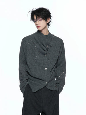 Asymmetric Twisted Collar Studded Knit Cardigan - main image 4