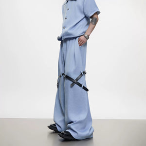 Street style view of the cooling fabric co-ord set in misty blue