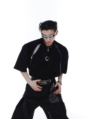 Model wearing a boxy fit shoulder pad tee in an urban setting