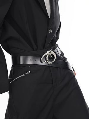 Full length view of the black PU leather belt with geometric patterns