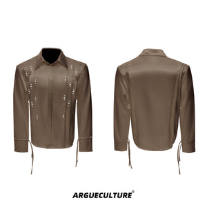 avant-garde-pleated-pearl-ribbon-shirt-unisex-brown
