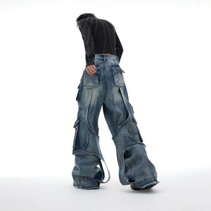 Streetwear model wearing baggy cargo jeans with chunky sneakers