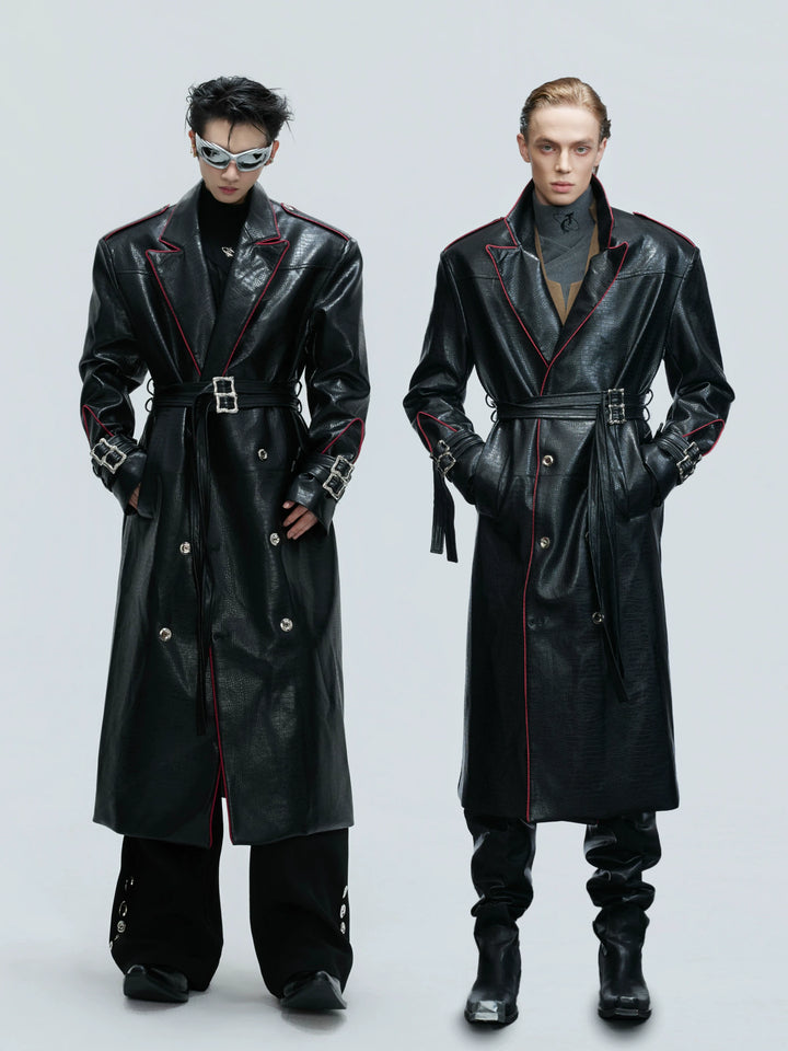 Belted Faux-Leather Long Coat with Wide Shoulders - main image 1