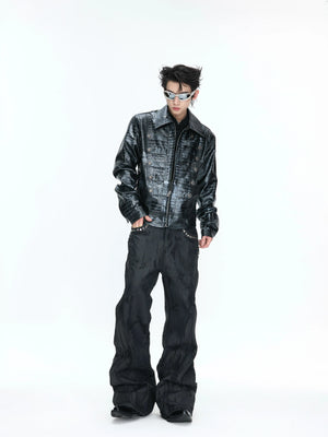 Black Croc-Embossed Synthetic Leather Zip-Front Jacket - main image 5