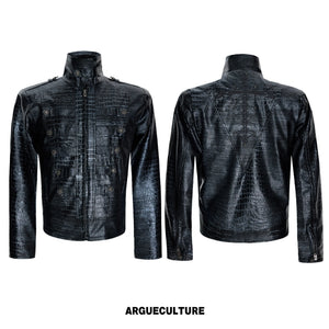 Black Croc-Embossed Synthetic Leather Zip-Front Jacket - Black