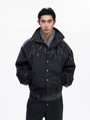 Black Crystal-Accent Cropped Padded Jacket with Stand Collar - main image 3