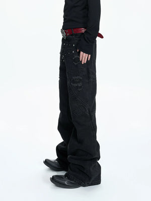 Black Distressed Rivet Flare Jeans | Washed Denim - main image 2