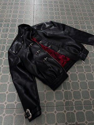 Black Faux Leather Flight Buckle Stand Collar Jacket - main image 5